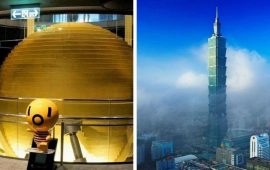 Why was a 660-ton balloon placed on top of the Taipei 101 skyscraper?
