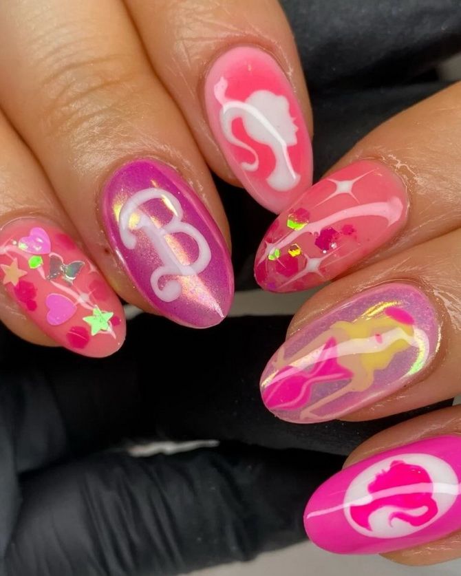 Like a Barbie: fashionable pink manicure in the style of Barbiecore 31