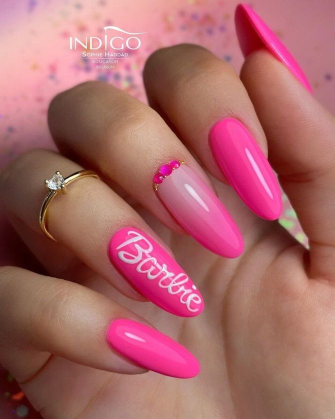 Like a Barbie: fashionable pink manicure in the style of Barbiecore 11