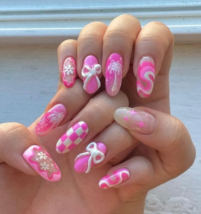 Like a Barbie: fashionable pink manicure in the style of Barbiecore 17