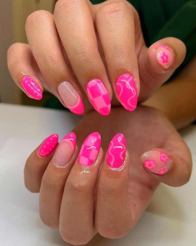 Like a Barbie: fashionable pink manicure in the style of Barbiecore 30