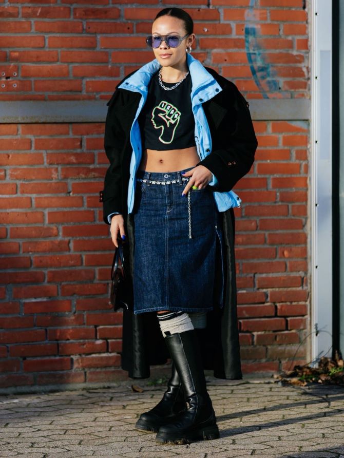 Herbstlooks mit einem Jeans-Maxirock 2023–2024 5