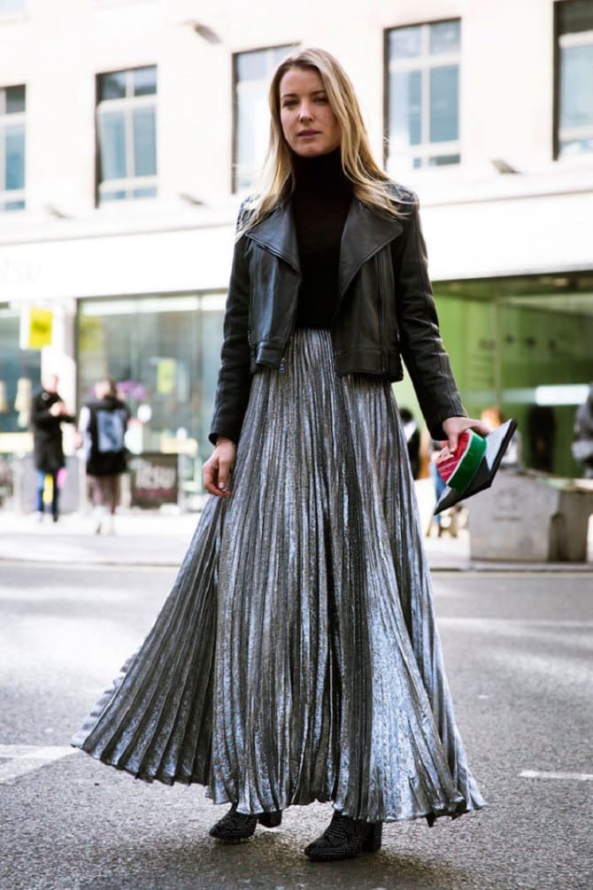 How to wear a silver skirt this fall: fashion ideas 1
