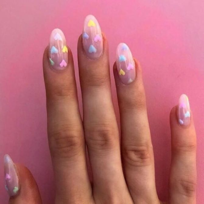 Nude manicure with hearts: fresh nail design ideas 19