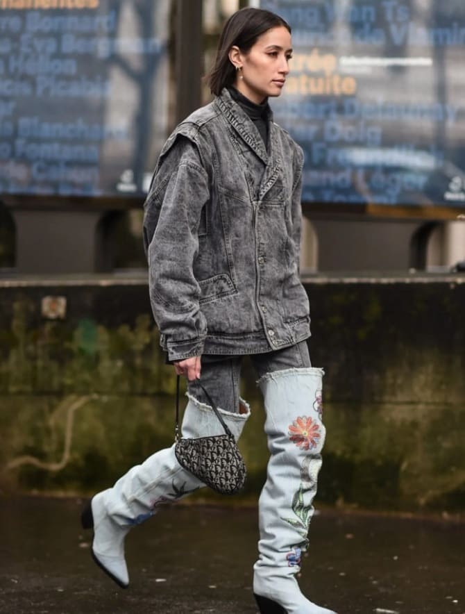 Gray denim in street style looks: how to wear and what to combine with 1