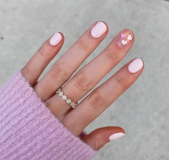 Nude manicure with hearts: fresh nail design ideas 26