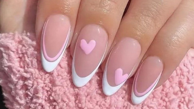 Nude manicure with hearts: fresh nail design ideas 31