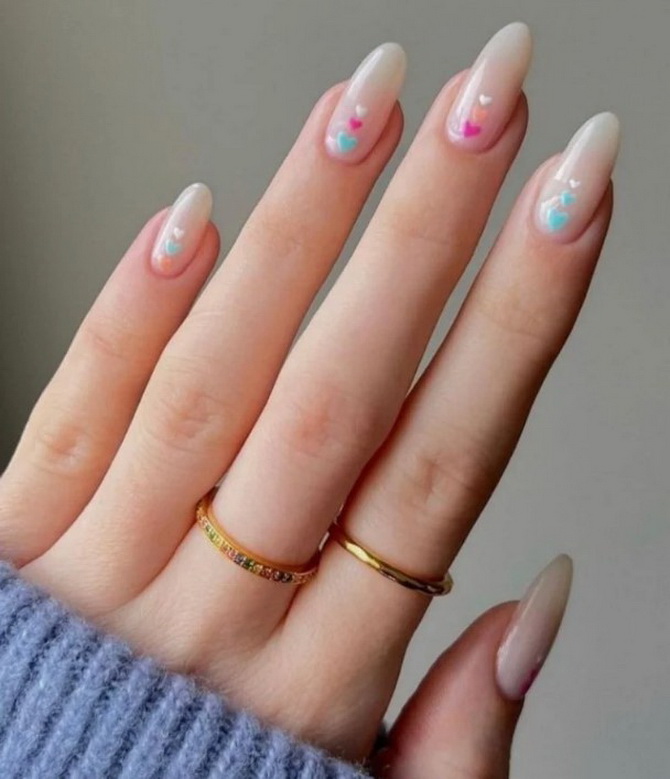 Nude manicure with hearts: fresh nail design ideas 16