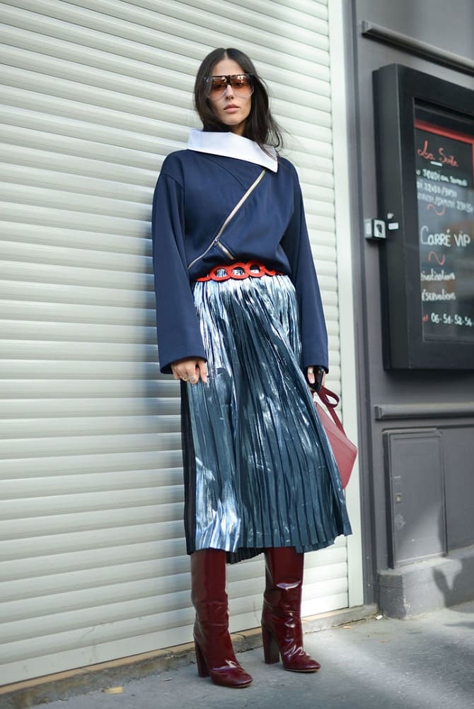 Fashionable shiny skirts for spring: stylish ideas with photos 8