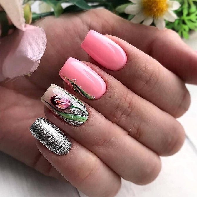 Manicure with tulips on March 8: stylish nail decor ideas 13