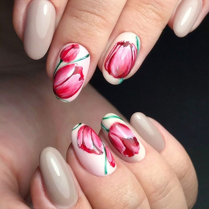 Manicure with tulips on March 8: stylish nail decor ideas 8