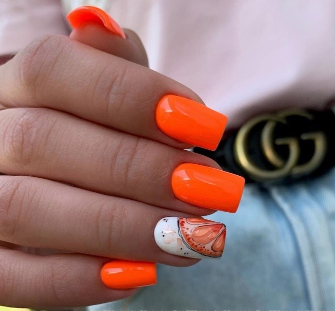 Bright orange manicure: fashionable ideas for stylish nail design 11