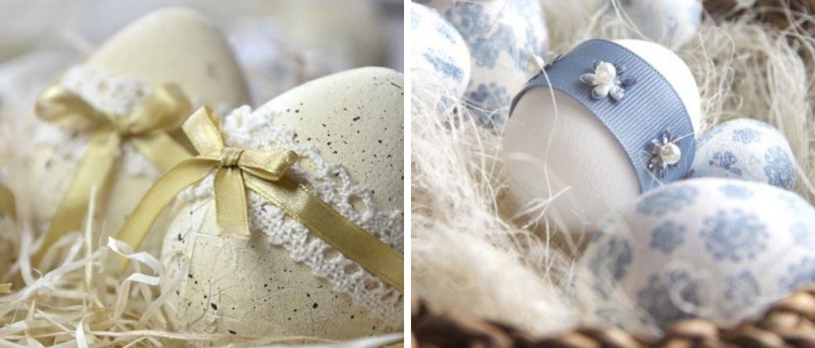 Декор пасхальных яиц с помощью лент: красивые идеи с фото