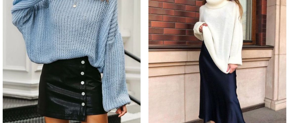 So trägt man einen übergroßen Pullover zu Röcken: Wählen Sie den Stil des Rocks