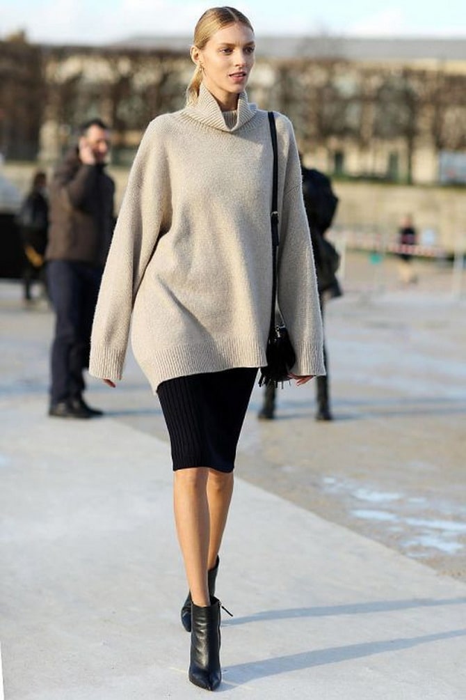 How to wear an oversized sweater with skirts: choosing the style of the skirt 12