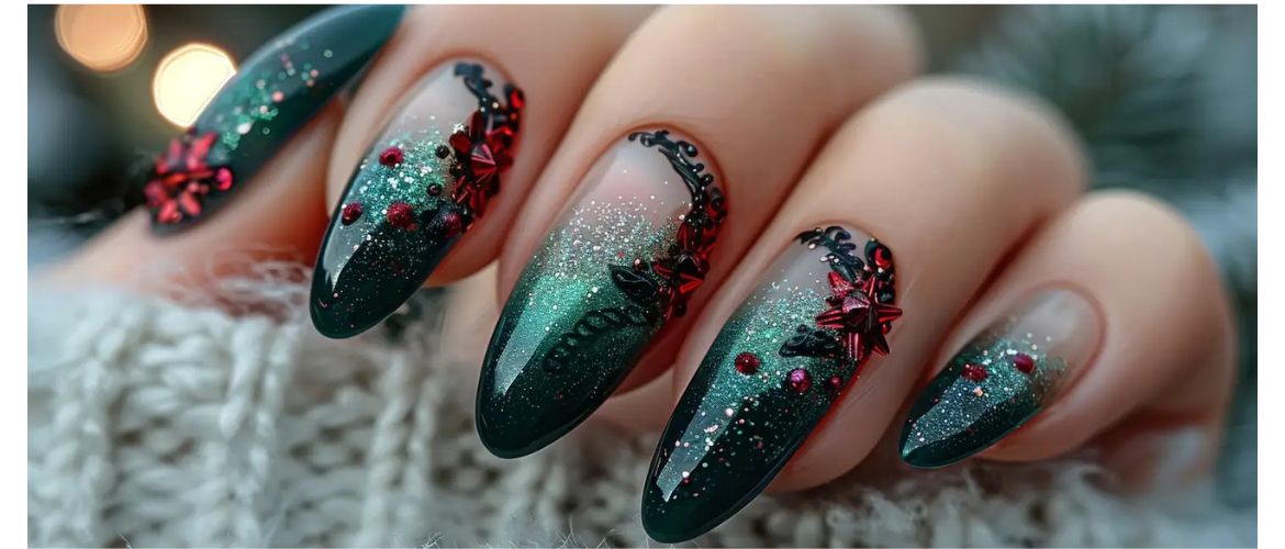 Green New Year’s manicure 2025 for nails of different shapes and lengths