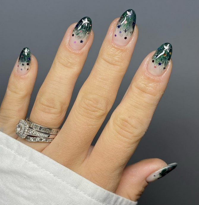 Green New Year’s manicure 2025 for nails of different shapes and lengths 2