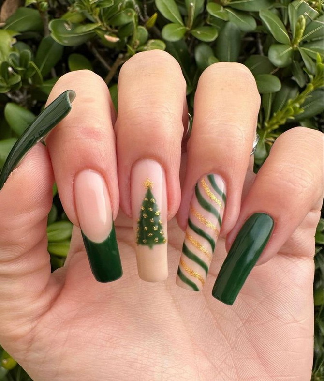 Green New Year’s manicure 2025 for nails of different shapes and lengths 21