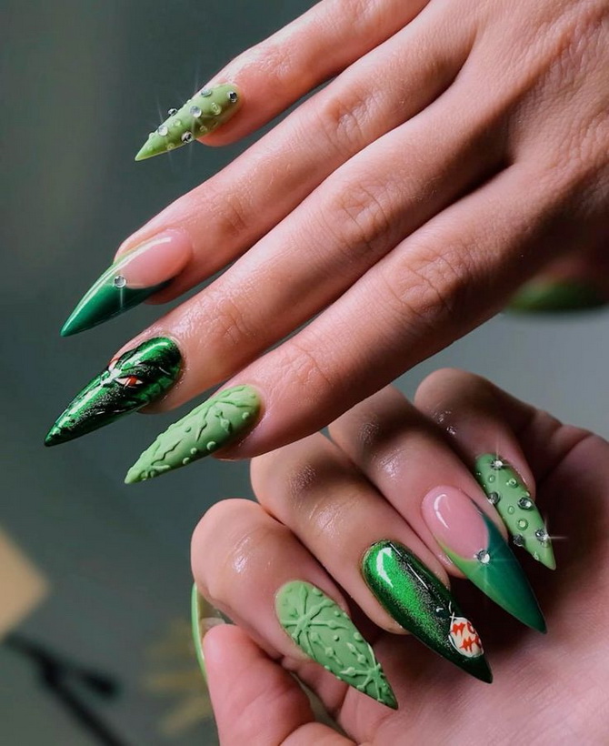 Green New Year’s manicure 2025 for nails of different shapes and lengths 28