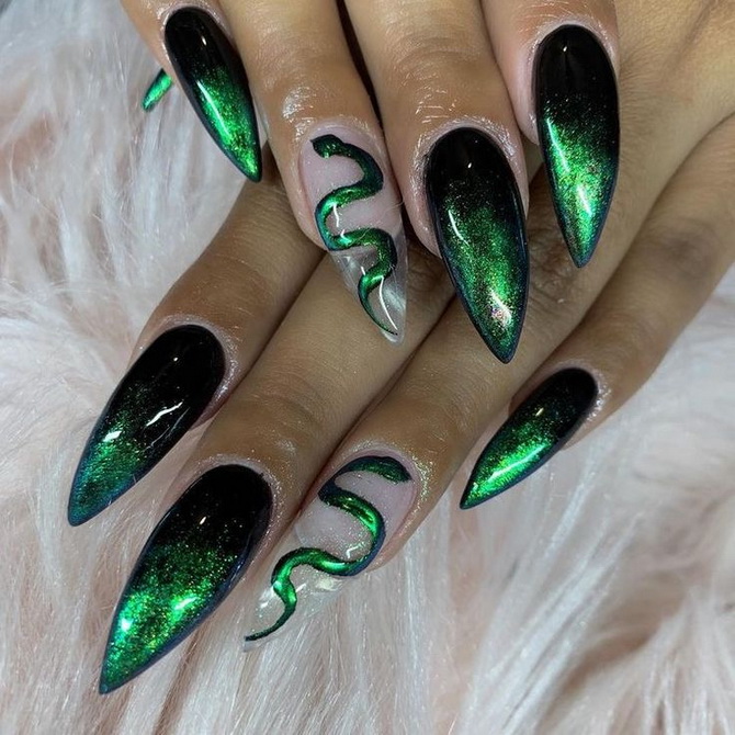 Green New Year’s manicure 2025 for nails of different shapes and lengths 32