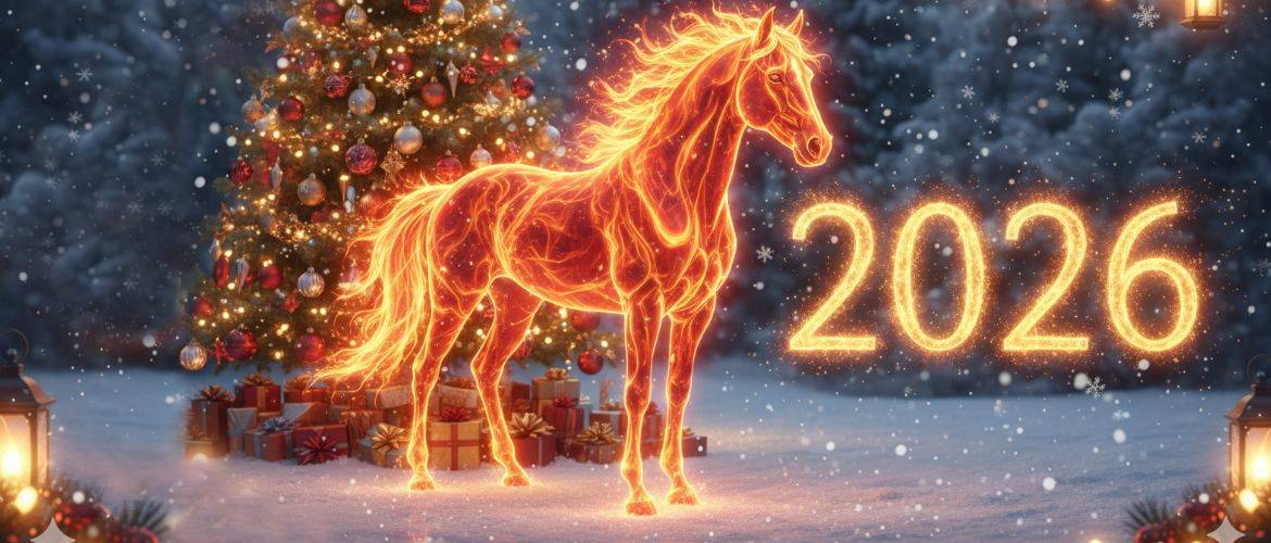 Символ 2026 года: новогодние картинки и  открытки с лошадью