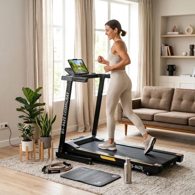 Сучасна жінка активно тренується на безшумній біговій доріжці BeSport у світлій вітальні. Приклад швидкого схуднення до літа без виснаження.